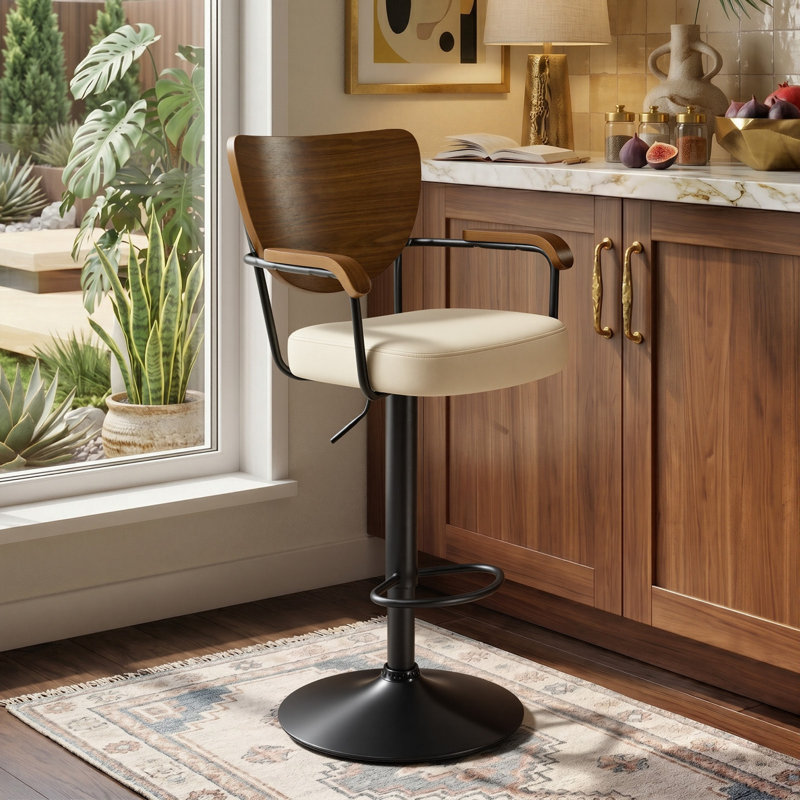 Tabouret de bar Kissena pivotant à 360°, tabouret de comptoir rembourré à hauteur réglable avec dossier en bois, Cream