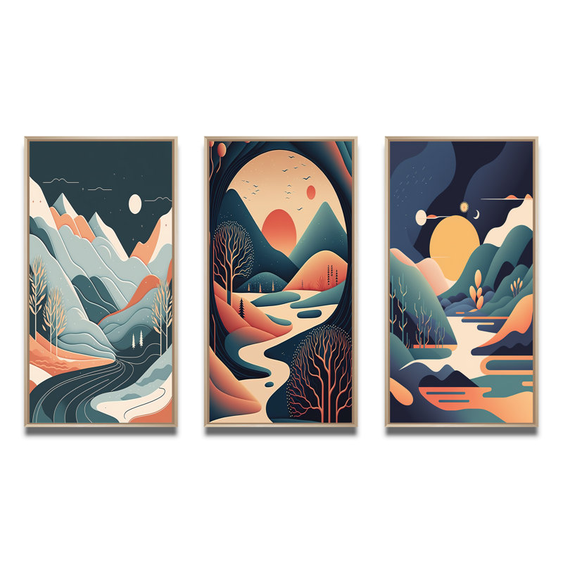 «Graphic Mountain Trees In Orange And Blue», 3 pièces sur toile, Cadre naturel flottant, H 20 po x l 36 po