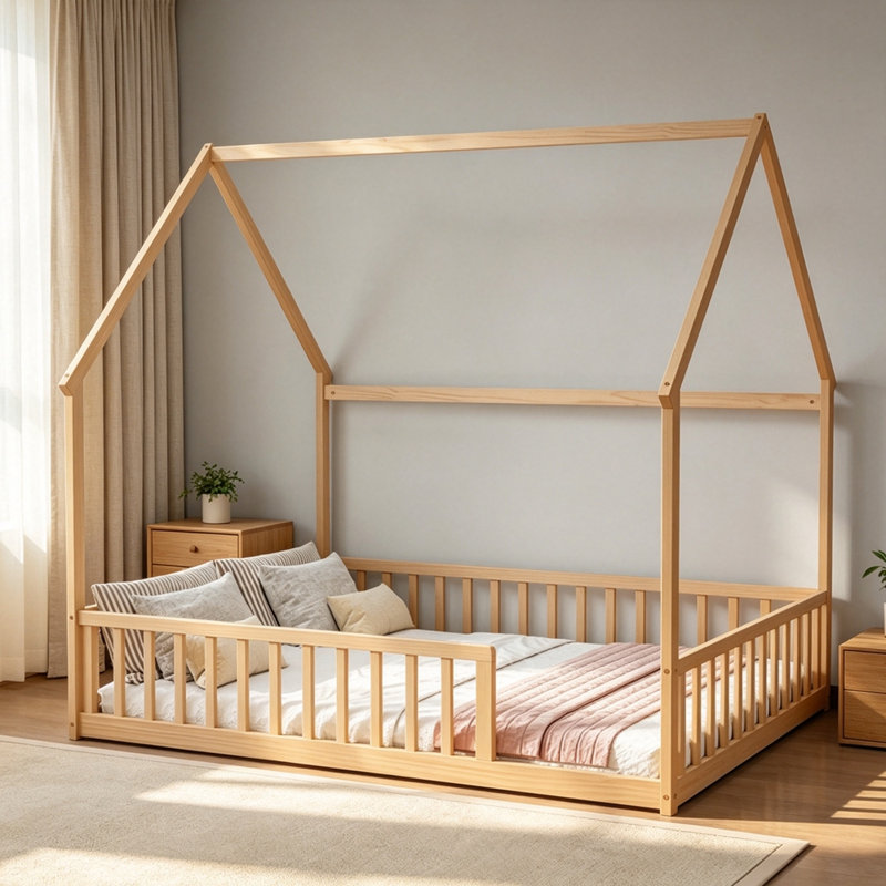 Lit de maison avec structure de toit, lit en bois de pin avec garde-corps, Naturel, Full / Double