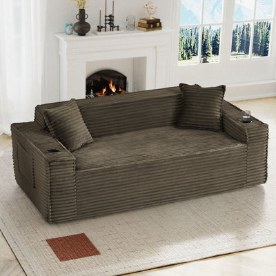 80'' W Compression Bean Bag Sofa Faux Fur Upholstered Couch Floor Sofa With Pillows&Cup Holders&Side Pocket