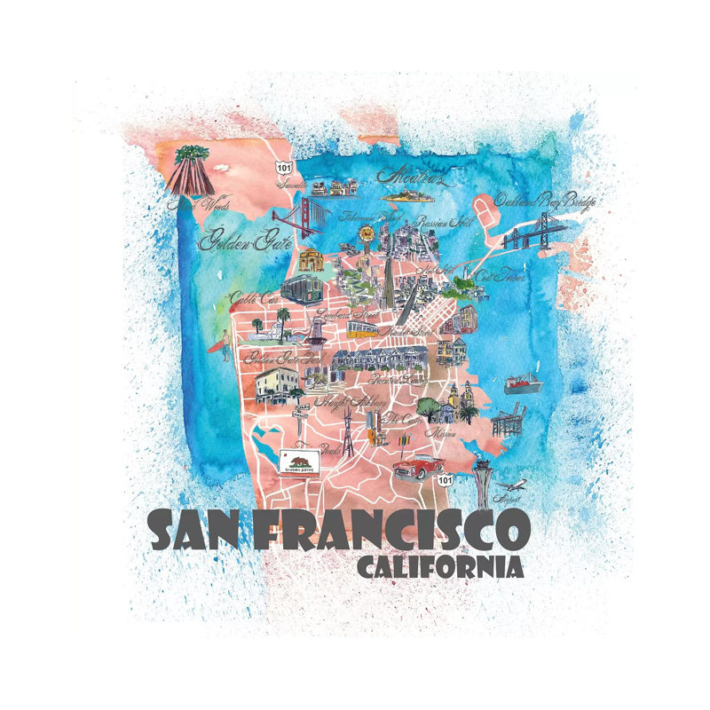 San Francisco USA Illustrated Map by Markus & Martina Bleichner - Painting on Canvas, Wrapped Canvas