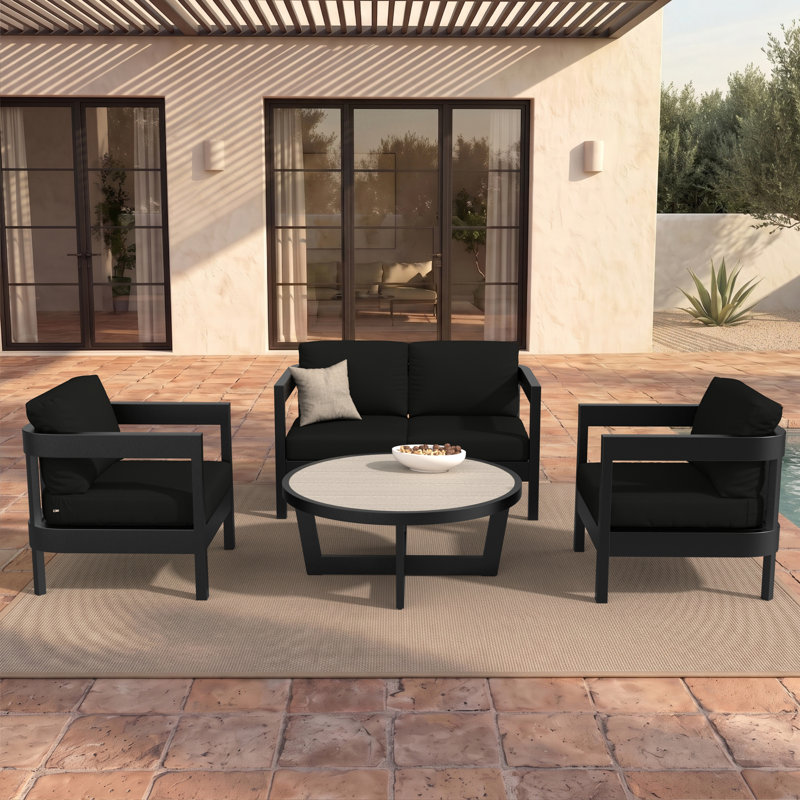 Ensemble de conversation 4 pièces avec coussins Sunbrella, 4 pièces: table, 2 chaises, causeuse, Sunbrella® toile naturelle