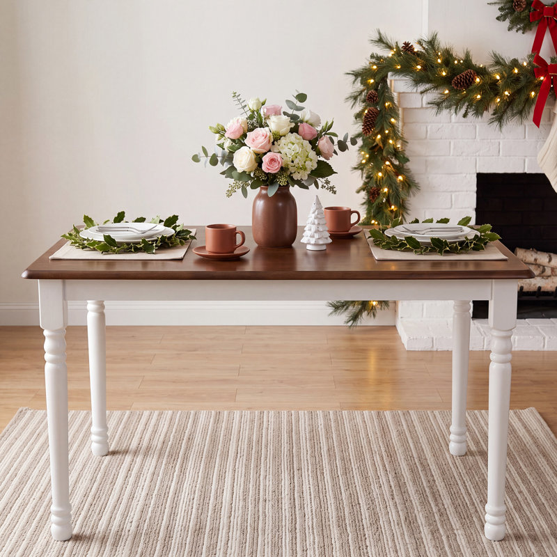 Modern Farmhouse Rectangular Solid Wood Dining Table, Walnut/White