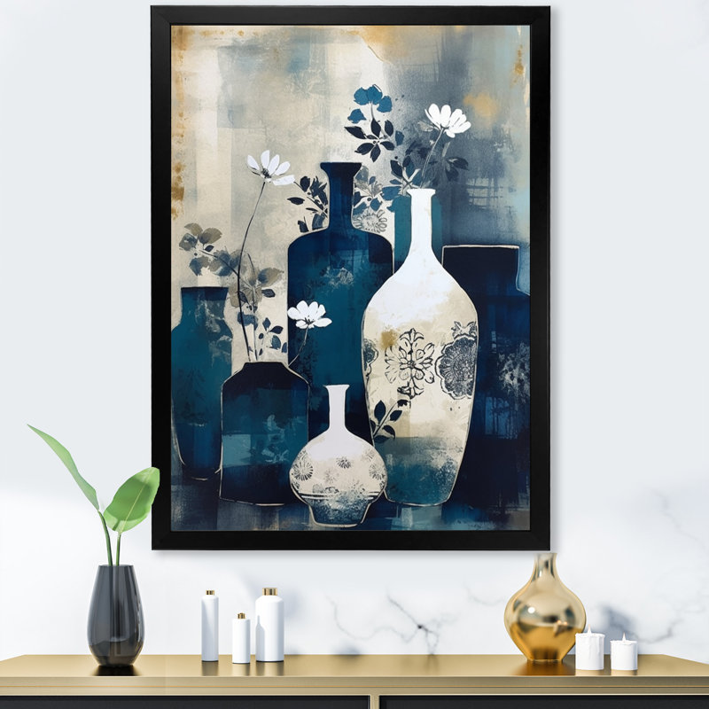 Art mural bleu et crème fantaisiste en argile II - Boho Pottery, Cadre photo noir, H 32 po x l 24 po