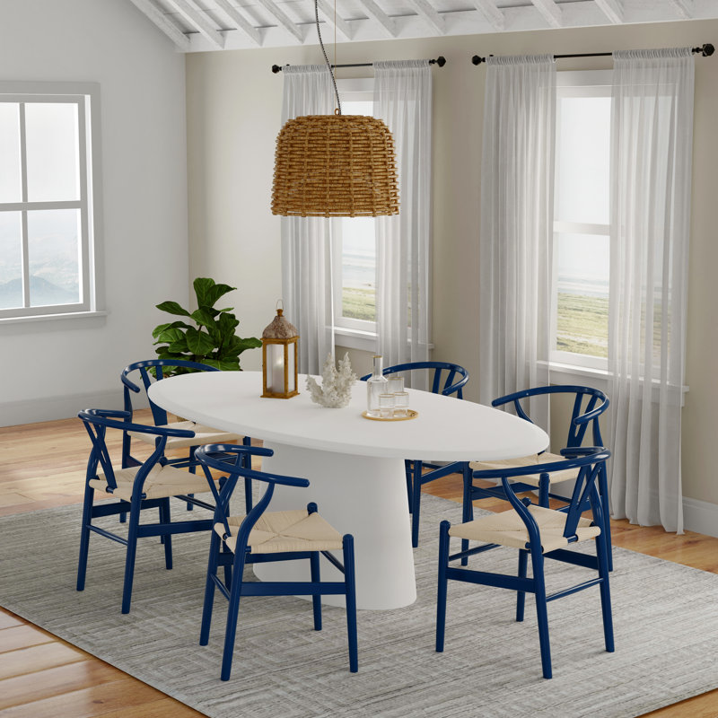 Table de salle à manger Deodat 79 po blanc mat et 6 chaises Evelina, Bleu nuit / Naturel
