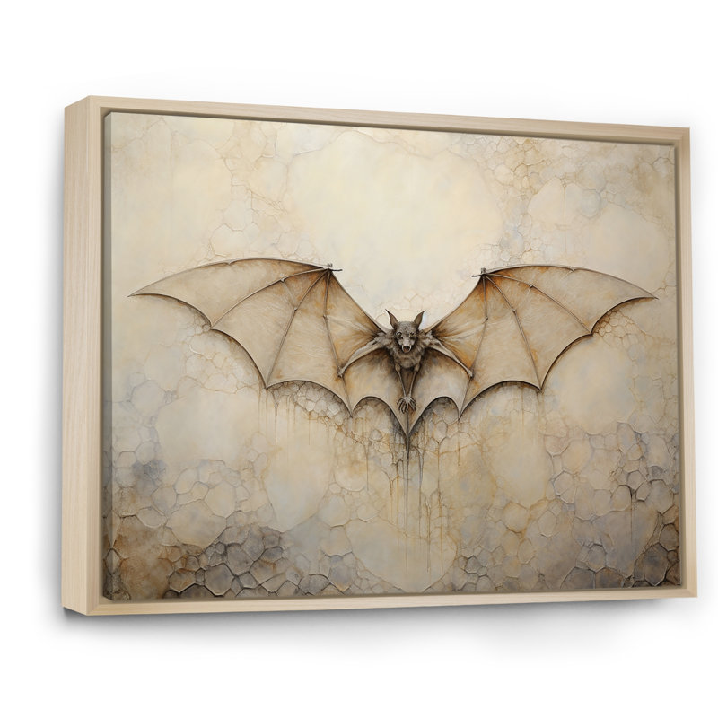 Minimalisme chauve-souris avec ailes ouvertes sur toile, Cadre naturel flottant, H 12 po x l 20 po x P 1 po
