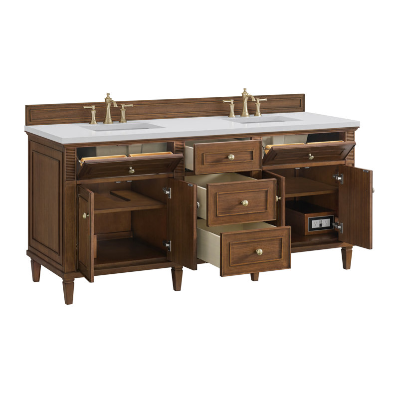 Lorelai 72'' W Double Vanity, Mid-Century Walnut, White Zeus, 8" Widespread