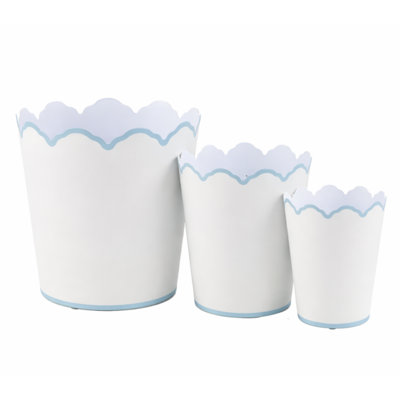White & Pale Blue Scalloped Bucket Wastepaper Basket & Planter, Small