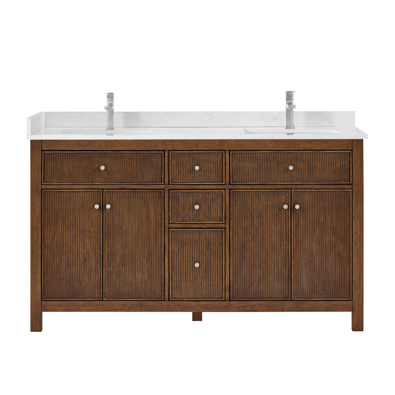 Elan TK 66" Freestanding Double Bathroom Vanity with Cultured Marble Top, White Cultured Marble, Dark Walnut, Brushed Gold