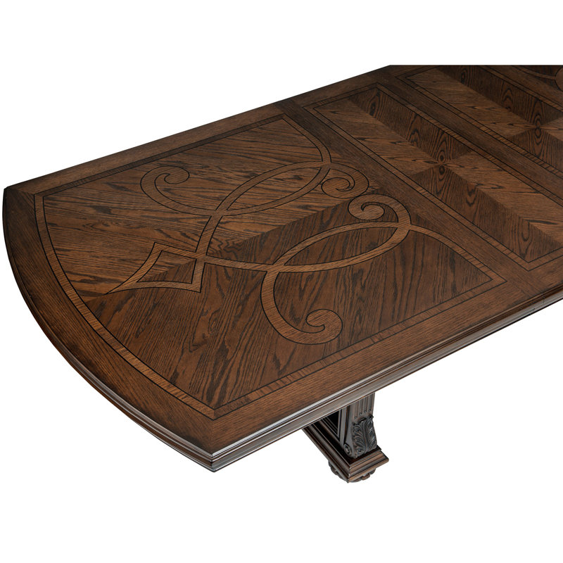Pimm 80"–108" W Extendable Dining Table — Dark Oak Finish · Oak Veneer Top · Trestle Base