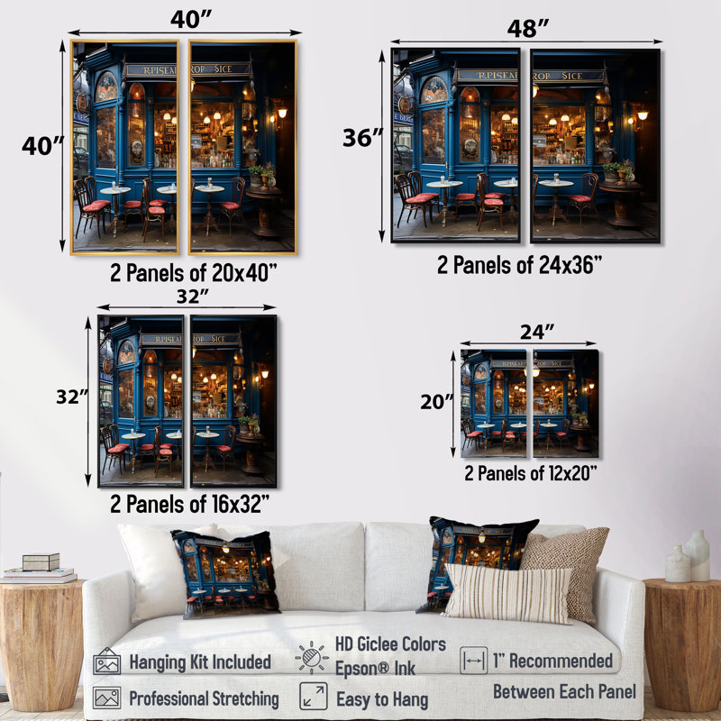 Ensemble de 2 art mural français Parisian Cafe Blues - France, 32" H x 32" W, Impression encadrée flottante, Black