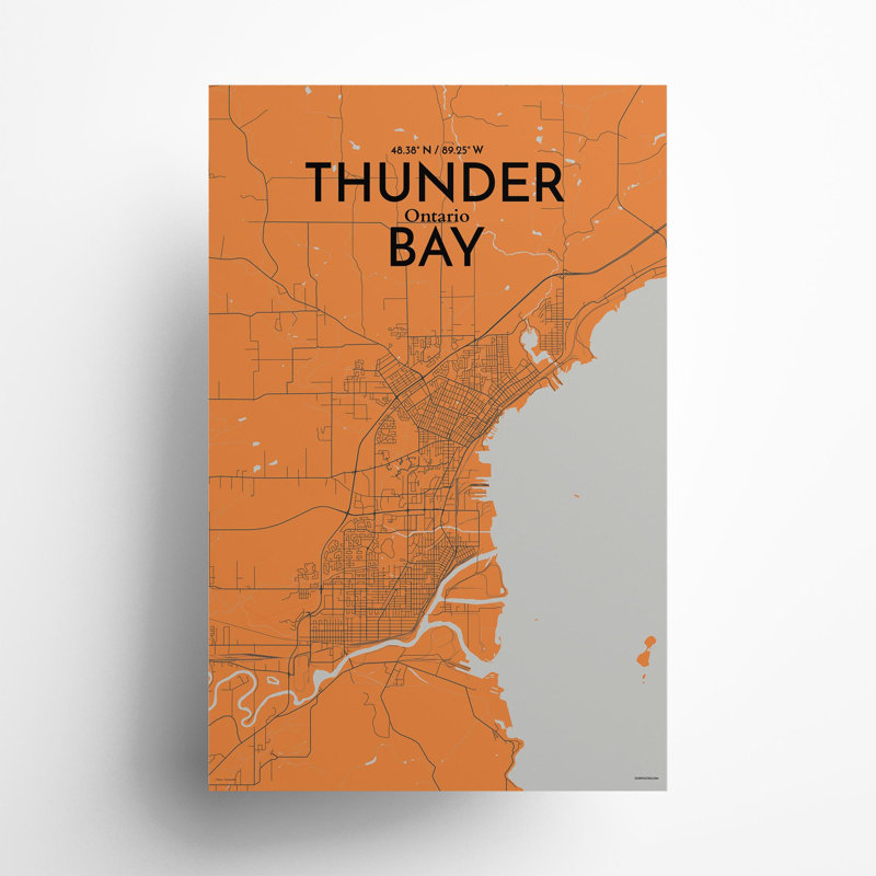 Thunder Bay City Map, impression, H 17 po x l 11 po, Orange et gris