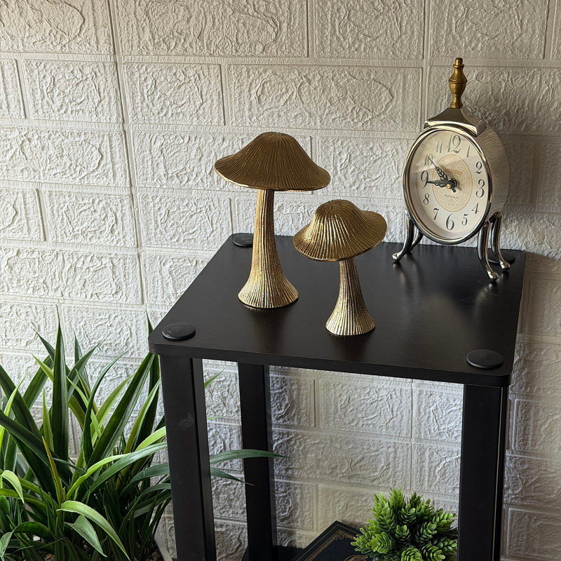 Figurines de champignons dorées de style éclectique, ensemble de 2, en aluminium moulé, pour étagères, hauteur 18 cm.