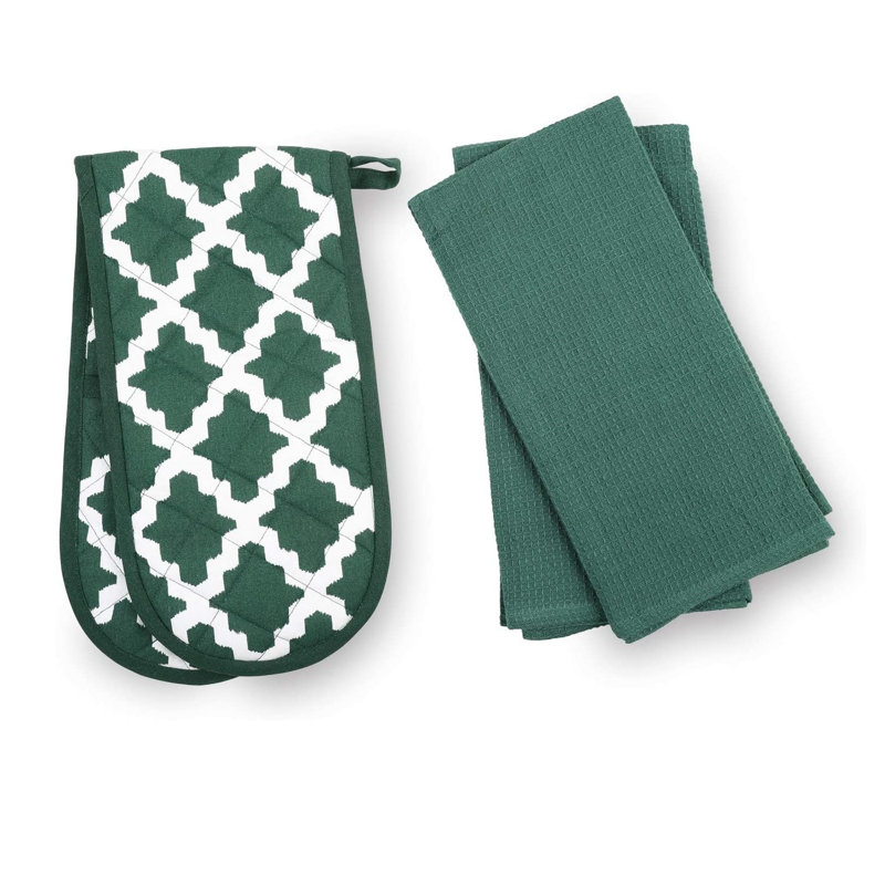 Brambly Cottage Striped Potholder & Oven Mitt Set, Green Diamond