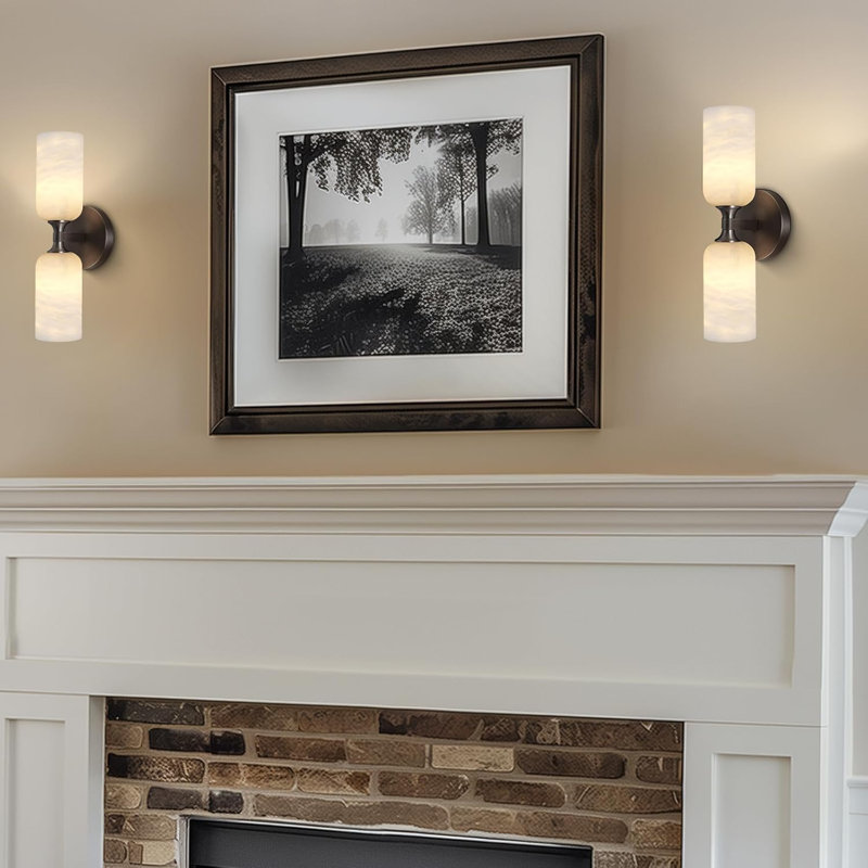 14" 2 - Light Dimmable Modern Alabaster Wall Sconce Marble Vanity Light, Matte Black