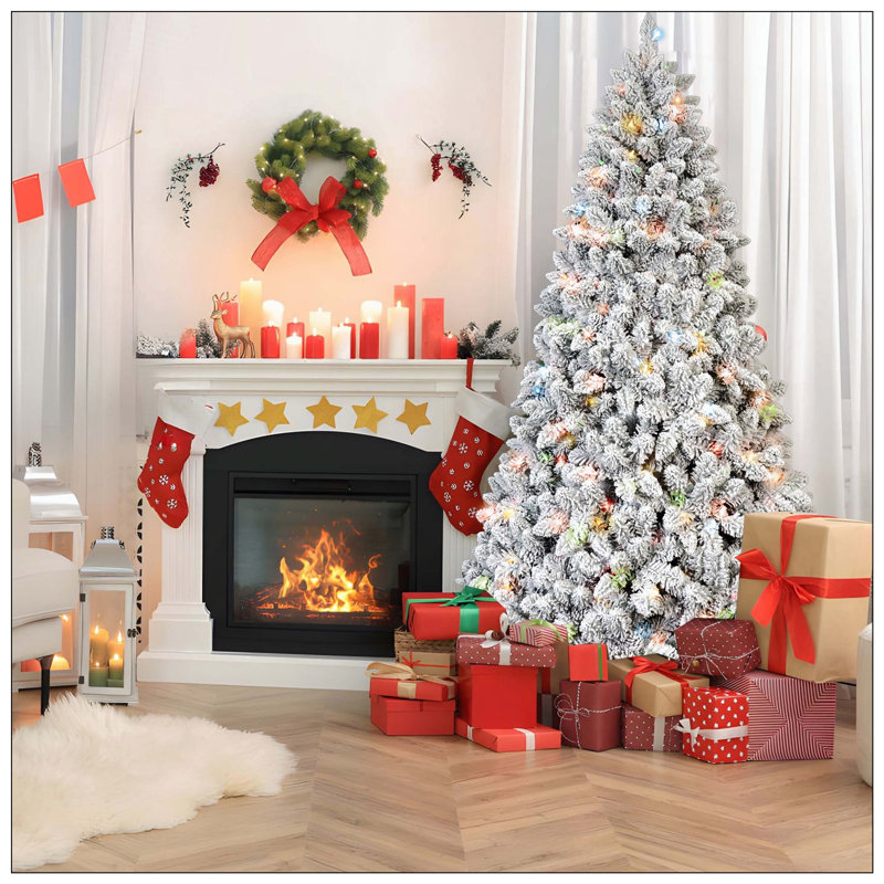 Arbre de Noël floqué avec 350 lumières colorées et 36 pommes de pin naturelles - 888 pointes en PVC enneigées, branches articulées, support en métal stable, installation facile