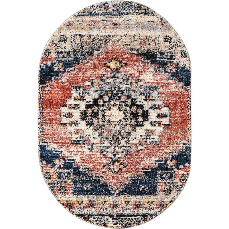 Tapis géométrique rouge / bleu Tucson, Ovale 4 pi x 6 pi