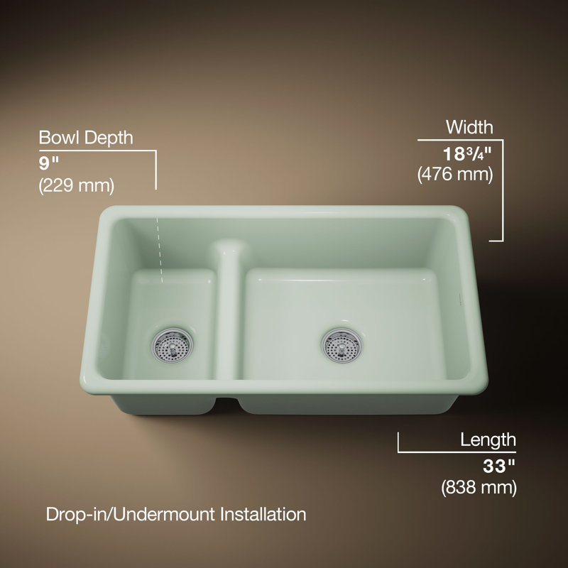 Iron Tones 33" L x 18.75" W Large/Medium Double-Bowl Kitchen Sink, Aspen Green