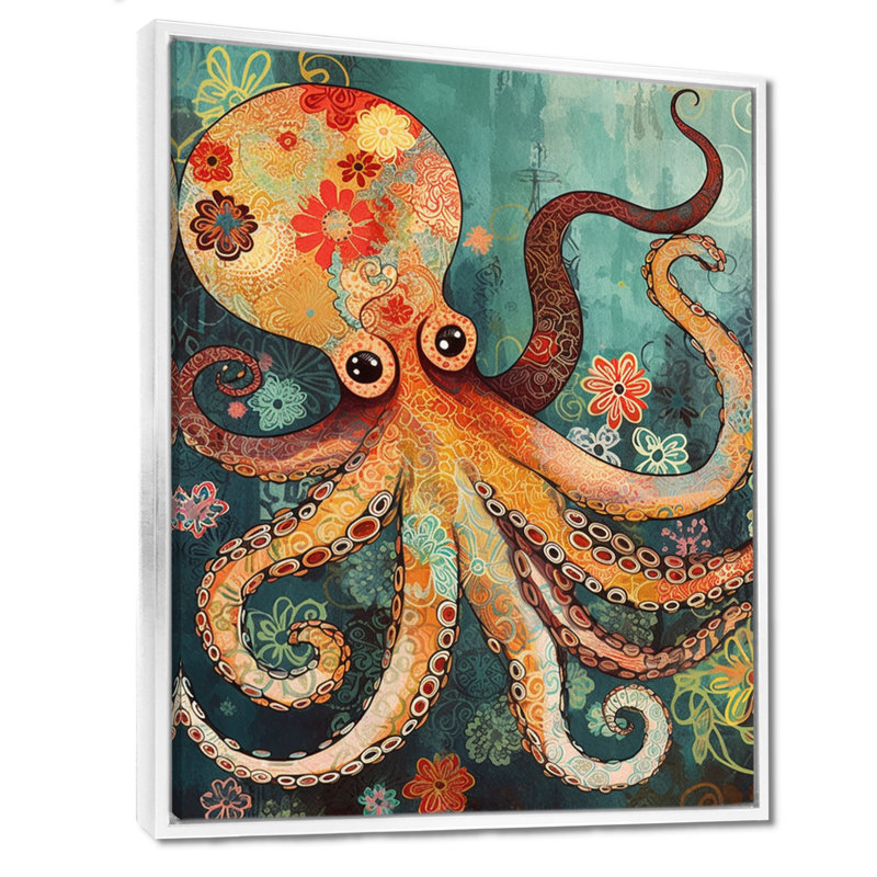 «Flowerful Octopus Deep Sea Boho Vintage», art mural poulpe / calmar, Toile flottante blanche encadrée, H 44 po x l 34 po