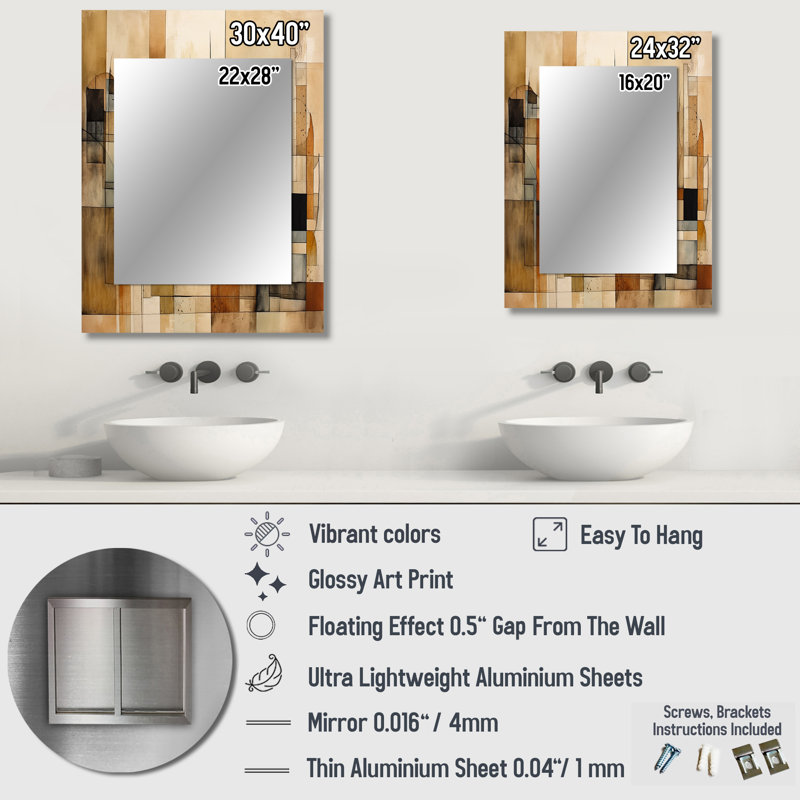 Modernist Expressions IV - Midcentury Modern Unique Mirror, Orange Large Wall Mirror, Printed Metal Art, 40" x 30"