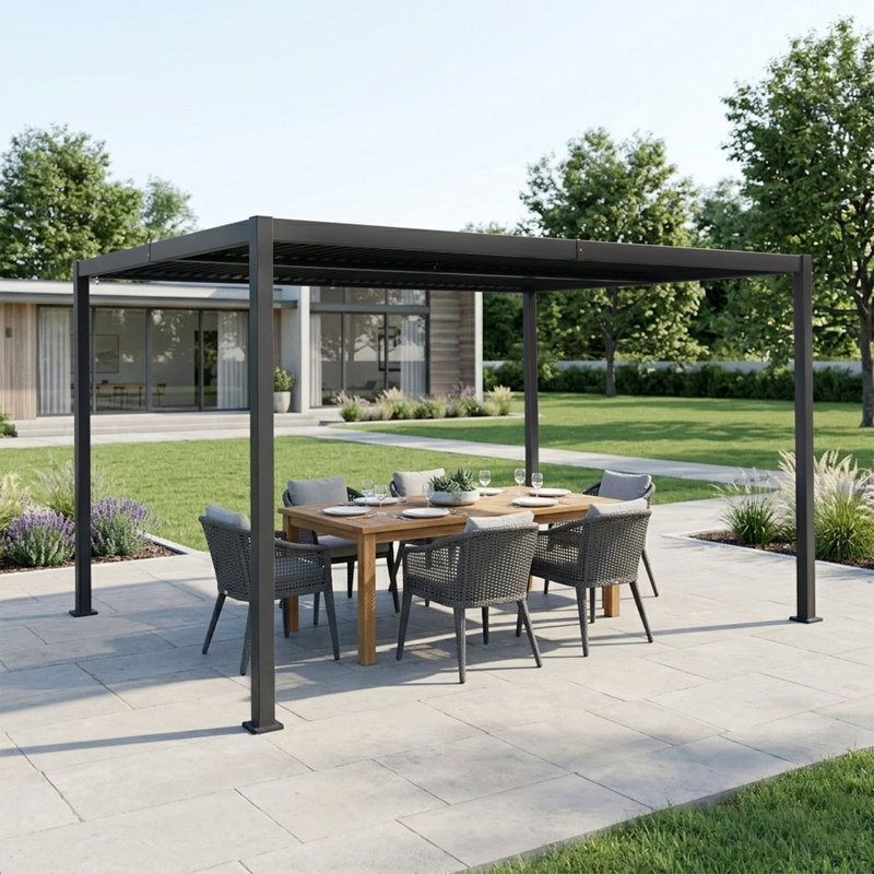 Kozyard Outdoor Louvered Pergola 10' x 12' Pergola Sun Shade All-Weather Aluminum Packing Shelter with Drainage System Adjustable Roof Waterproof for Poolside Patio Garden Yard Gray
