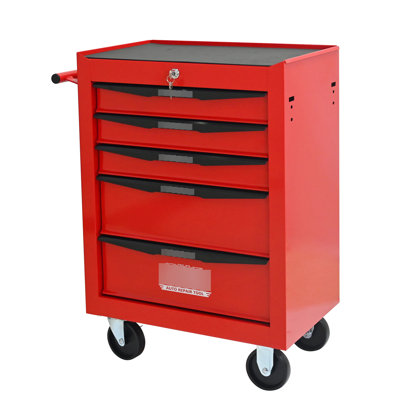 20", Red&Black, 5 Tool Storage Trolley, Bearing Slide, 15Kg Secure Loading, Chest, , Pull - Assist Feature, Lockable Box Rolling High Loading Capacity, Organizer, Handle