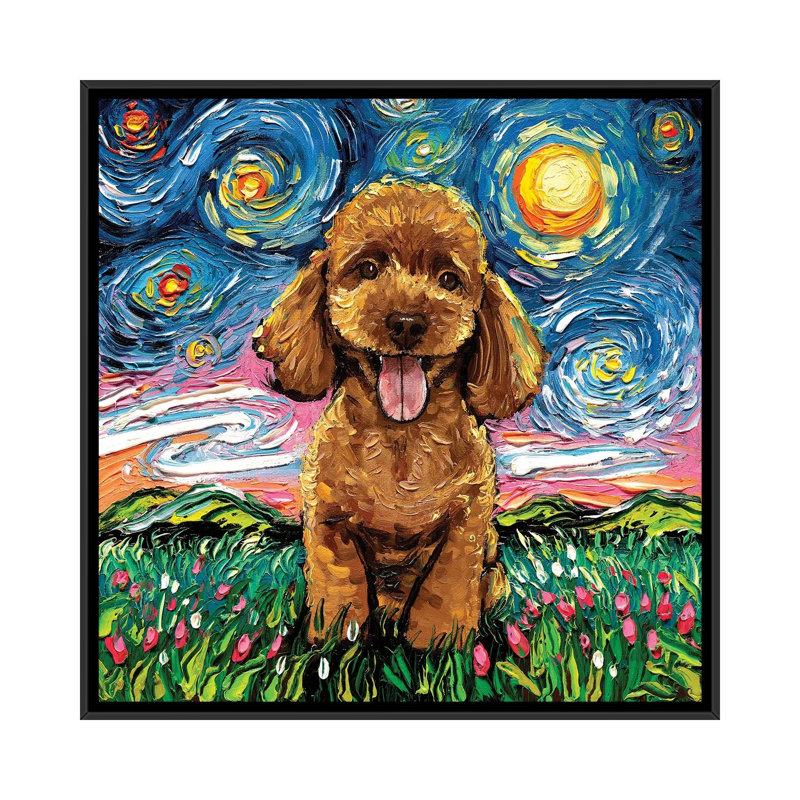 Reproduction d’art, "abricot Poodle Night" par aja Trèves, Pas de tapis, H 18 po x l 18 po x 1,5 po, Toile avec cadre noir