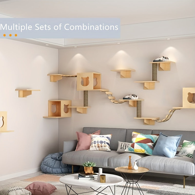 Wall Cat Climbing Shelves, Cat Furniture Set with House Bridge Ladder Post and 2 Shelves
