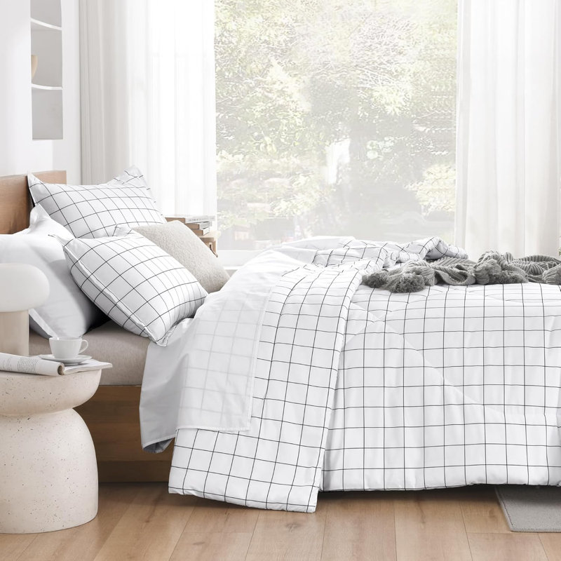 Ensemble d'édredon pour grand lit Andency en vichy blanc à carreaux quadrillés Andency, Grand (90 * 90 po), White Grid