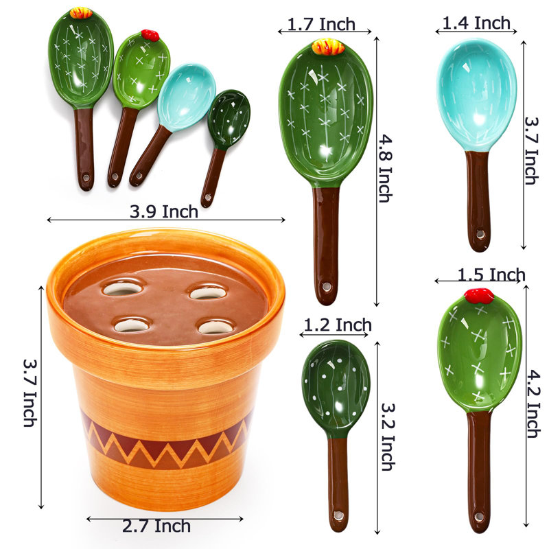 5Pcs Ceramic Measuring Spoons In Pot, Cactus Shape Baking Measuring Spoons And Cup Decorative Cactus Figurine Measuring Spoons Set