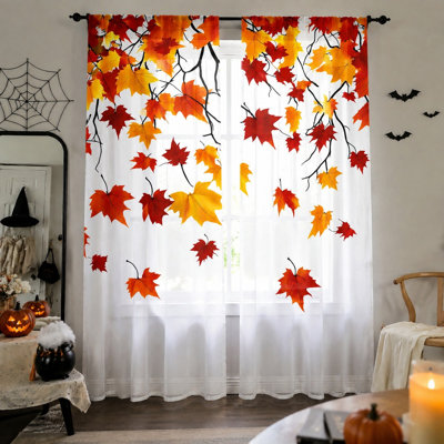 2Pcs rideaux en feuille d'érable d'automne, rideaux de fenêtre en voile sur le thème de l'automne pour le salon, la cuisine de la chambre à coucher, panneaux de poche à tringle filtrant la lumière, maison de l'Action de grâce