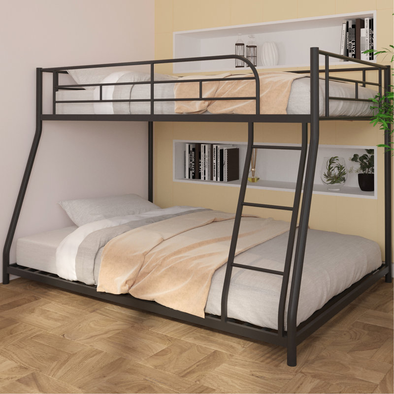 Twin Over Full Bunk Bed With Metal Construction, - Length Guardrail And Center Support Heavy Duty Quiet Wood Slats, Quick Assembly Package
