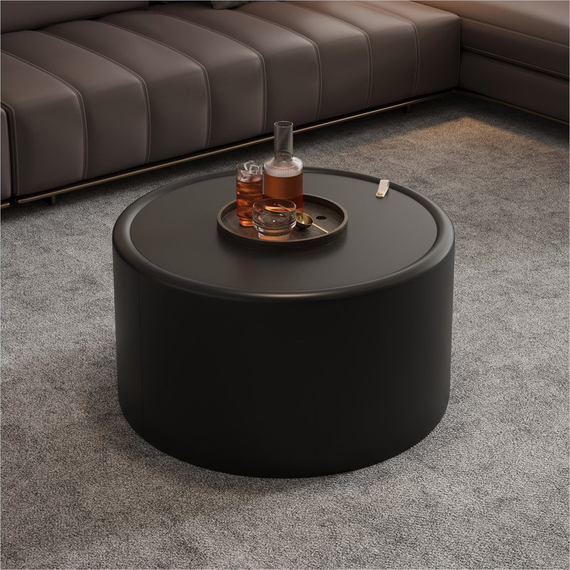 Table basse ronde en cuir de polyuréthane noir profond et verre trempé, rangement caché pour le salon, style moderne