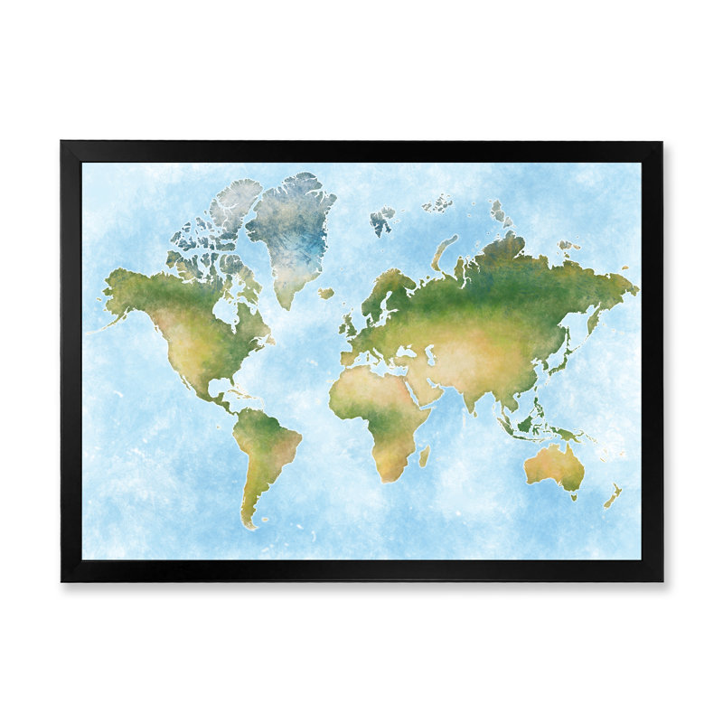 " Map Of The World In Green And Blue ", Black Picture Frame, 8" H x 12" W x 1.5' D