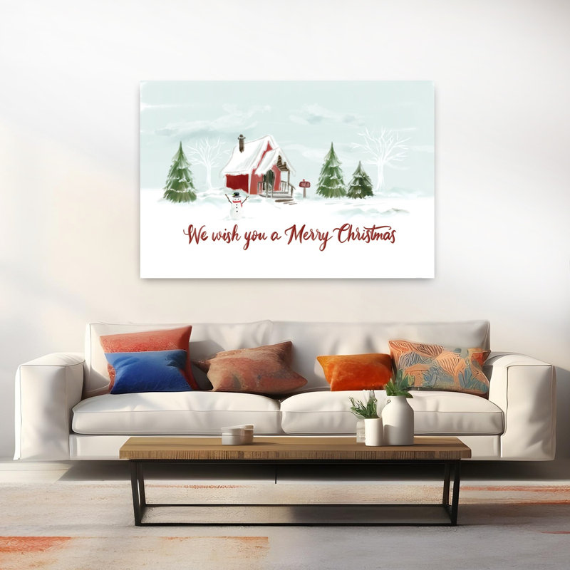Maison de Noël enneigée, paysage abstrait, art contemporain d'hiver, H 60 po x l 40 po