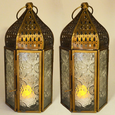 Moroccan Style Metal/Glass Lantern with Brass Detailing