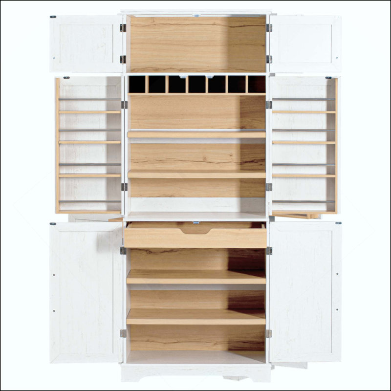 Armoire de cuisine Farmhouse avec 8 portes, armoire de rangement avec 4 tablettes réglables, tiroir caché, support à vin, armoire polyvalente pour la cuisine, la salle à manger et la salle de bain