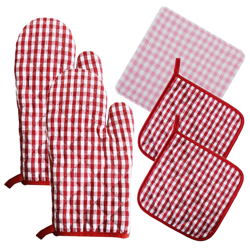 Red Plaid Cotton Oven Mitts and Pot Holders Set, 6 Pieces