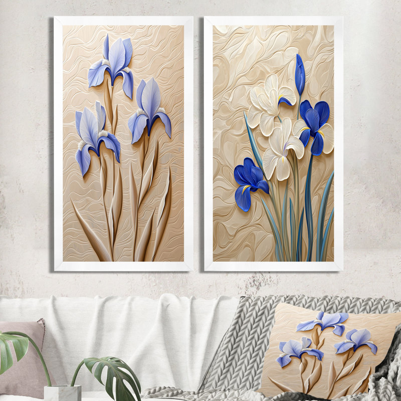 «Creamy Iris Symphony Garden I - Iris», art mural traditionnel 2 pièces, H 40 po x l 40 po, Cadre simple blanc