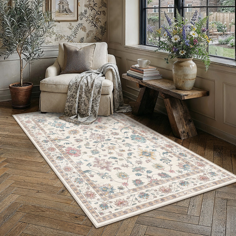 Cherry Machine Washable Floral Area Rug With Non-Slip Backing