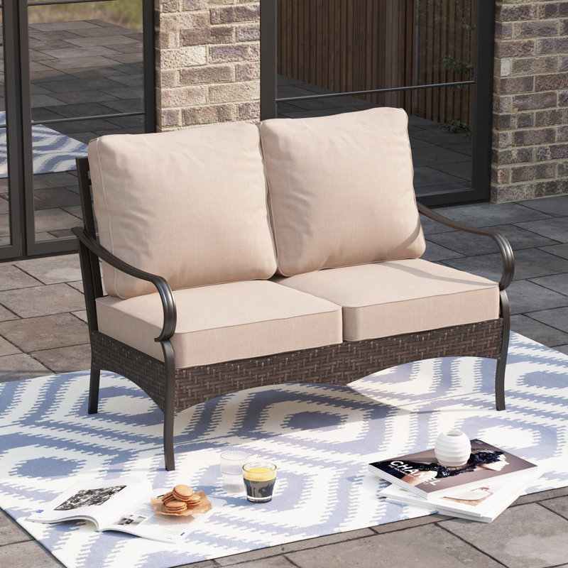 53'' Wide Metal Outdoor Loveseat with Cushions & Wicker Decor, Denim Blue