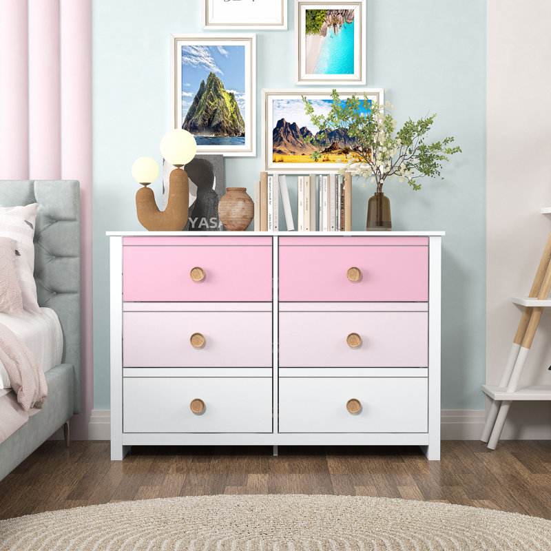 Commode 6 tiroirs Bustillo, Blanc / rose clair / rose bébé