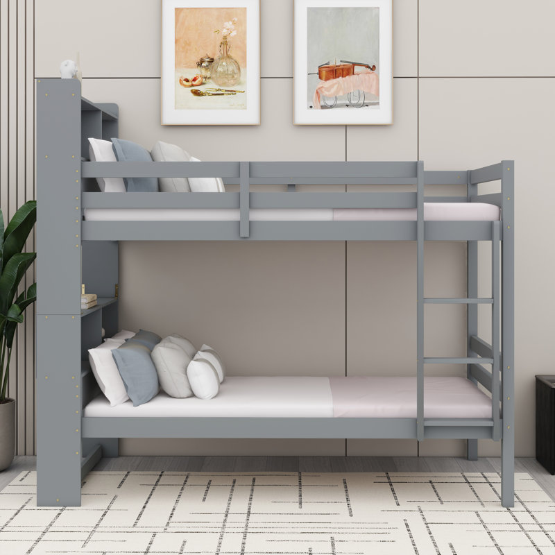 Lit superposé polyvalent en bois d'hévéa avec tête de lit à tablettes, garde-corps et échelle sécurisée, Grey