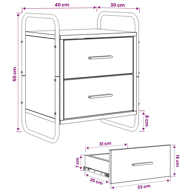 40 cm W Galvanised Steel Bedside Table, Smoked Oak