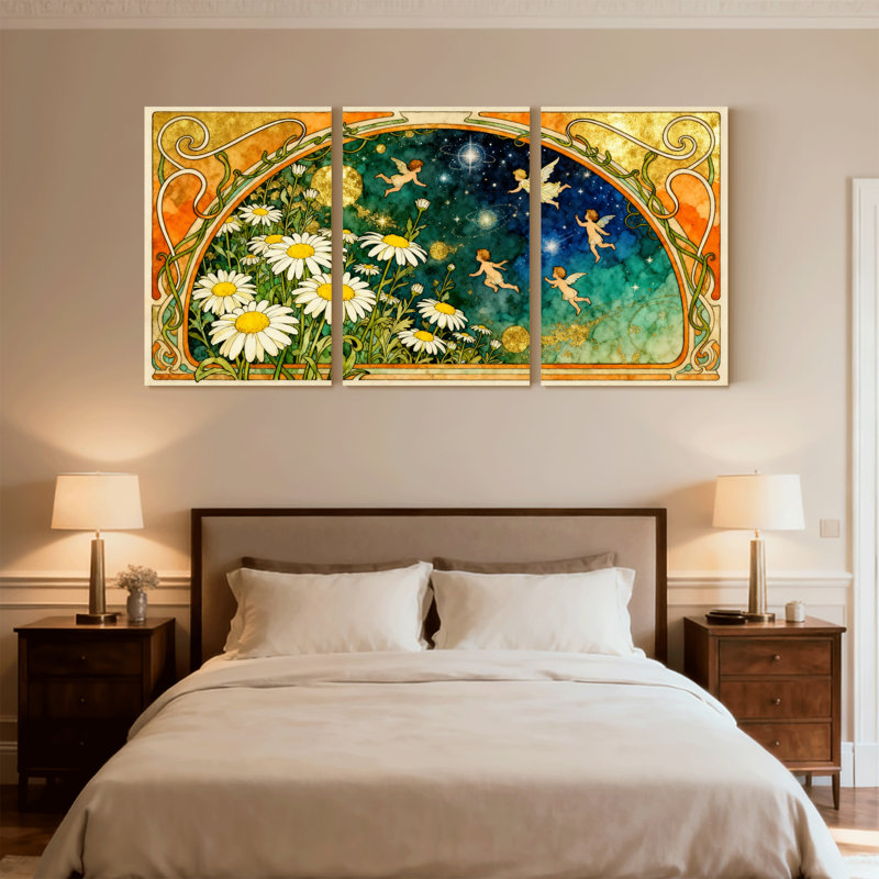 Fantaisie et science-fiction, chérubins floraux, ciel nocturne, ensemble de 3 impressions sur toile, H 18 po x l 36 po