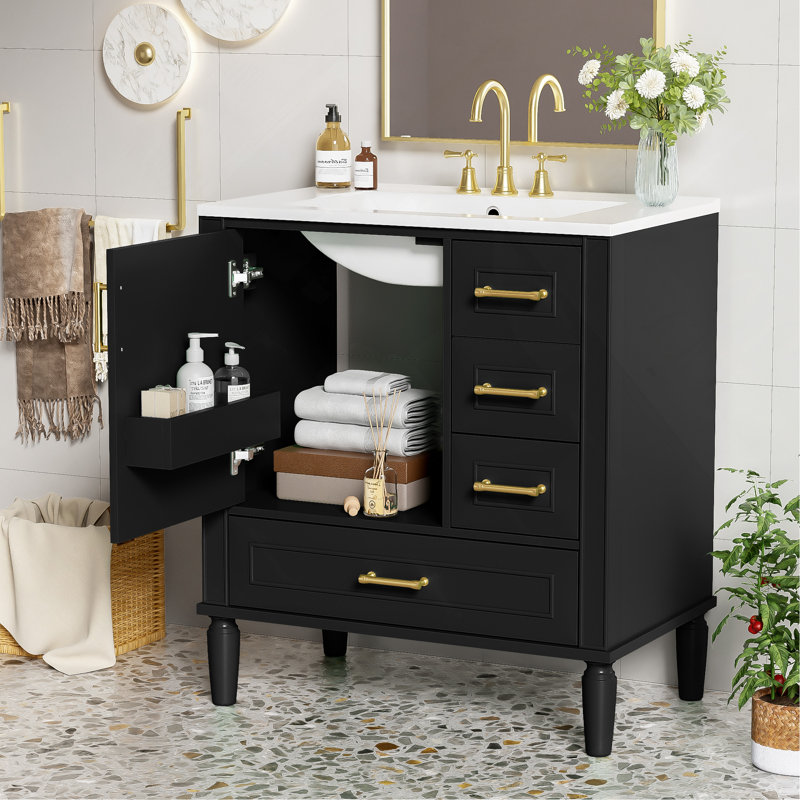 Ensemble de meuble-lavabo traditionnel noir de 30 po avec trois tiroirs, portes à fermeture douce et longues poignées en métal doré - pour les petites salles de bain