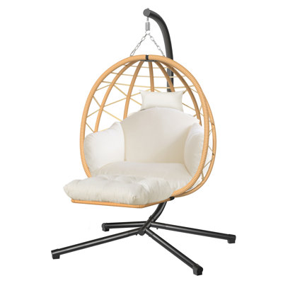 Egg Hanging Chair with Stand - Rattan Wicker Swing Chair with Cushion and Footrest - 300 lb Capacity Indoor/Outdoor Patio, Garden, Bedroom Hanging Seat