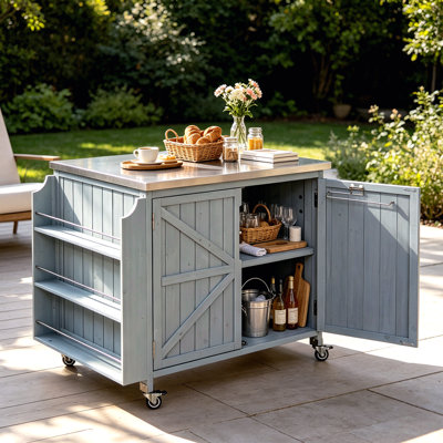 Îlot de cuisine 42,1 po avec tablette latérale, chariot de barbecue avec armoire de rangement, armoire de cuisine extérieure avec plateau en acier inoxydable, tablette réglable et 4 roulettes pour la préparation de pizzas