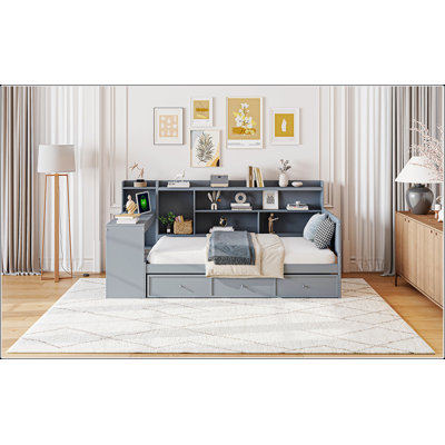 Lit de jour simple en bois avec 3 tiroirs spacieux, ports USB et bureau intégré en blanc