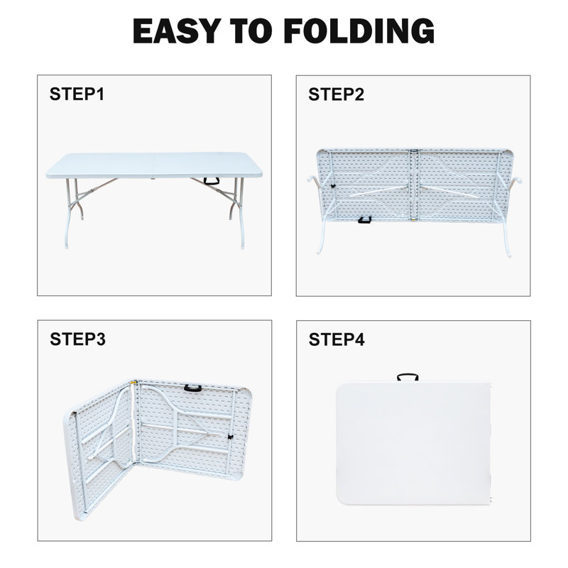Table pliante 6 pi pour le camping, les pique-niques et les fêtes. Plastique portatif avec support de charge élevé. Plateau de table lisse et imperméable. Caractéristique de stabilité triangulaire. Trois hauteurs réglables. Léger, pliable